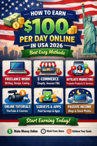 How to earn $100 per day online in USA 2026 infographic showing freelance work, e-commerce, affiliate marketing, online tutorials, surveys apps and passive income methods
